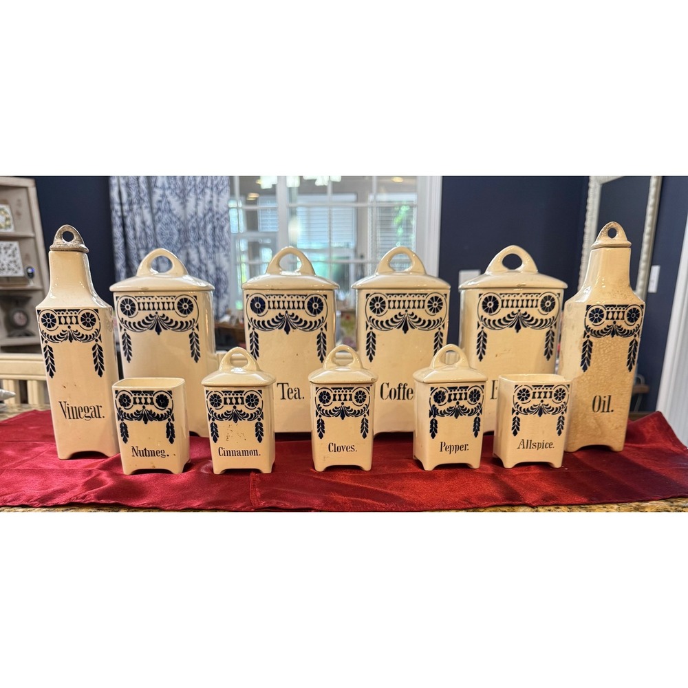Vintage Blue White Ceramic Canister Spice Jar Set Oil Vinegar Transferware 11pc